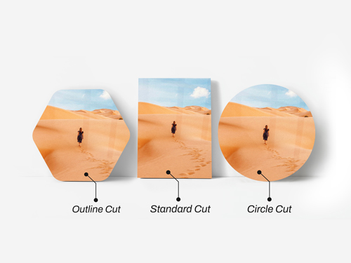 Three acrylic photo prints featuring outline, standard, and circle cut options.