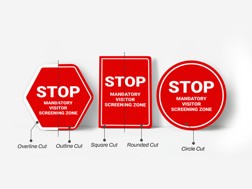 A set of reflective aluminum signs all in different shapes.