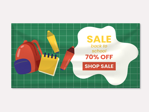 Back to school sale promotion featuring 20% off text with colorful educational items.