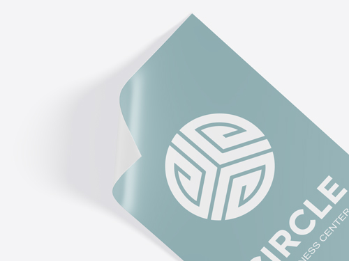 Minimalistic window decal featuring a logo of a company