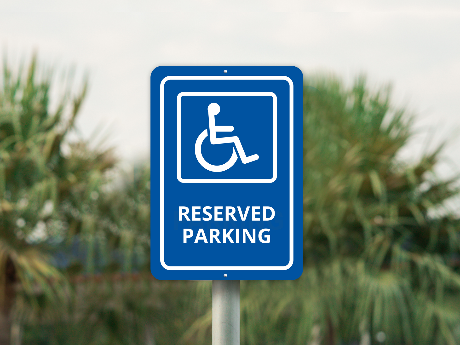 A special-purpose parking sign is installed outdoors and features the international wheelchair symbol