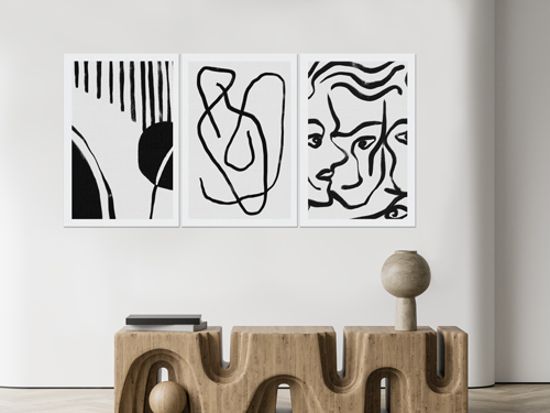 A black and white gallery art split canvas print with abstract shapes.
