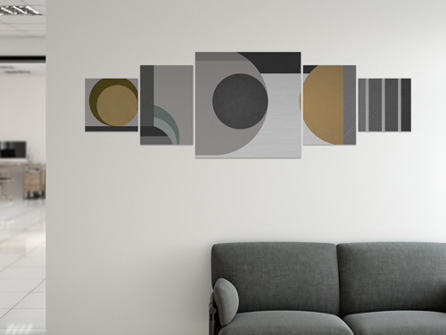 A five piece split canvas print for office spaces featuring geometric shapes.