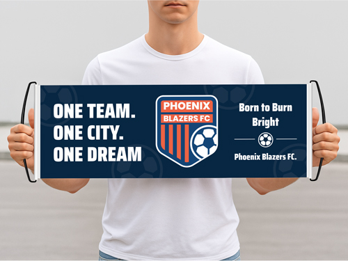 A sports team supporter holding a hand banner with the team logo and slogan.