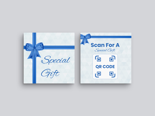 Square shaped business cards with a blue ribbon reading Special Gift and a QR code