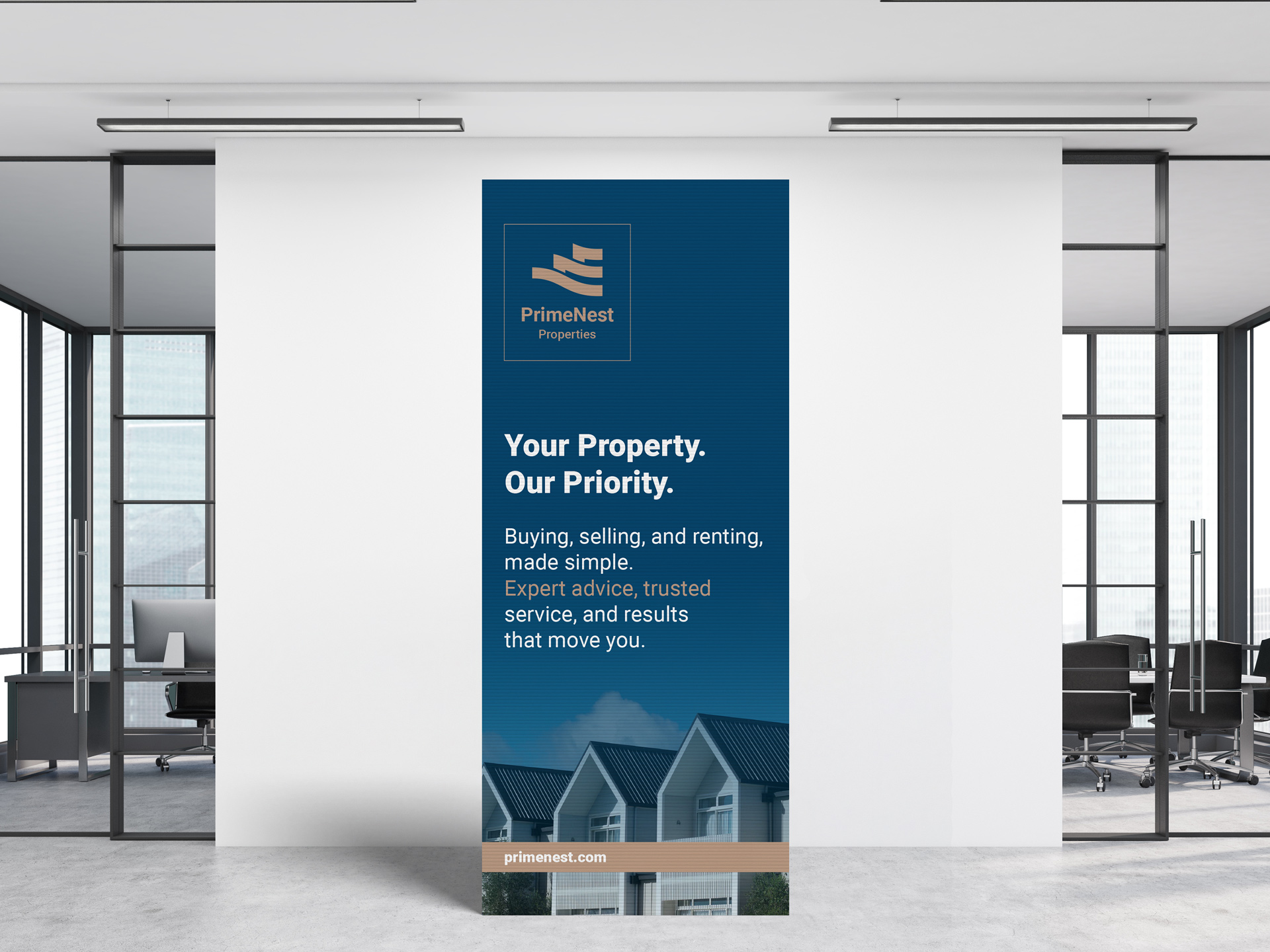 A corporate office standee with the company's name and logo.