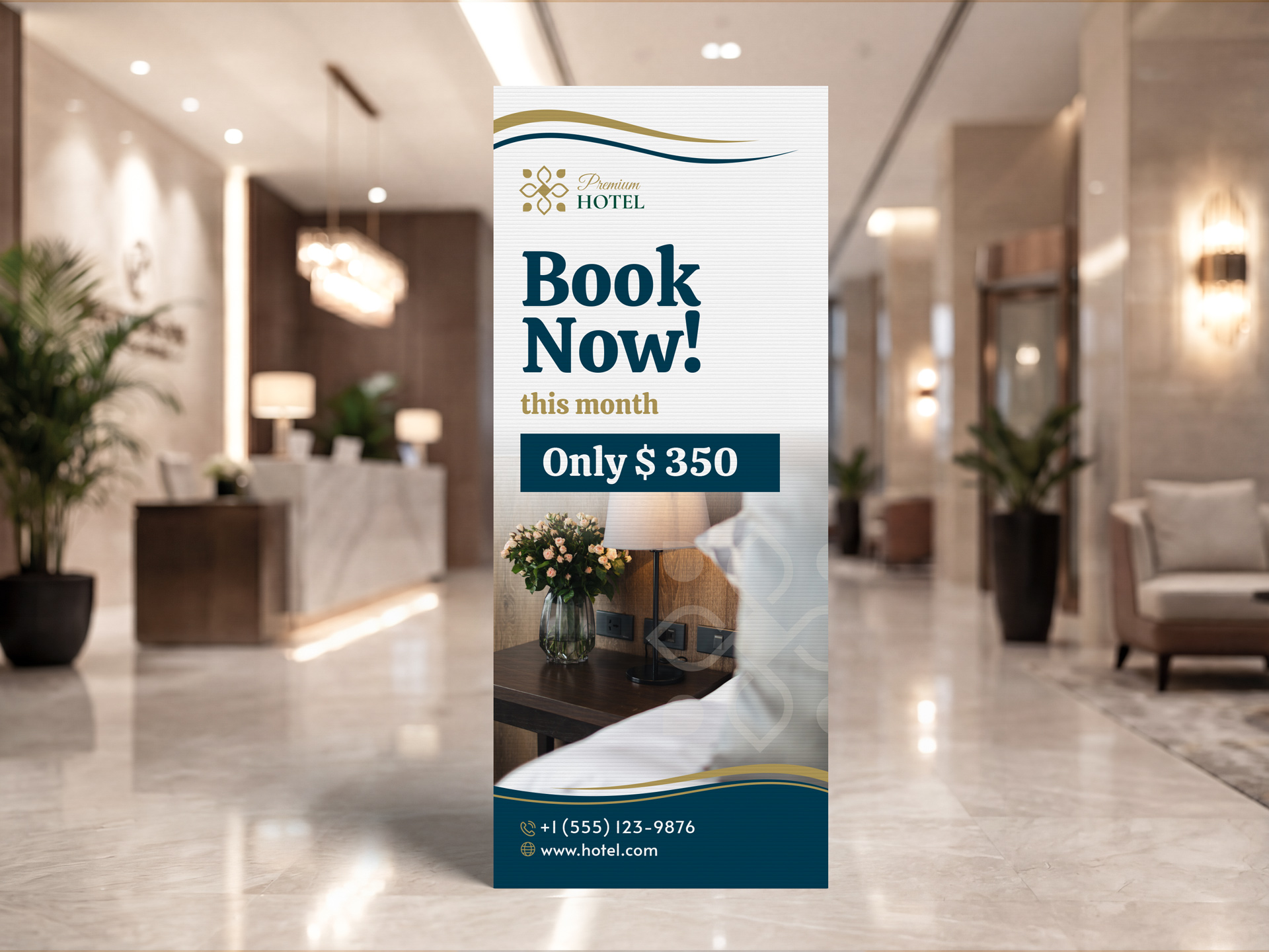 A beautiful standee standing in the lobby of a hotel with an advertising message.