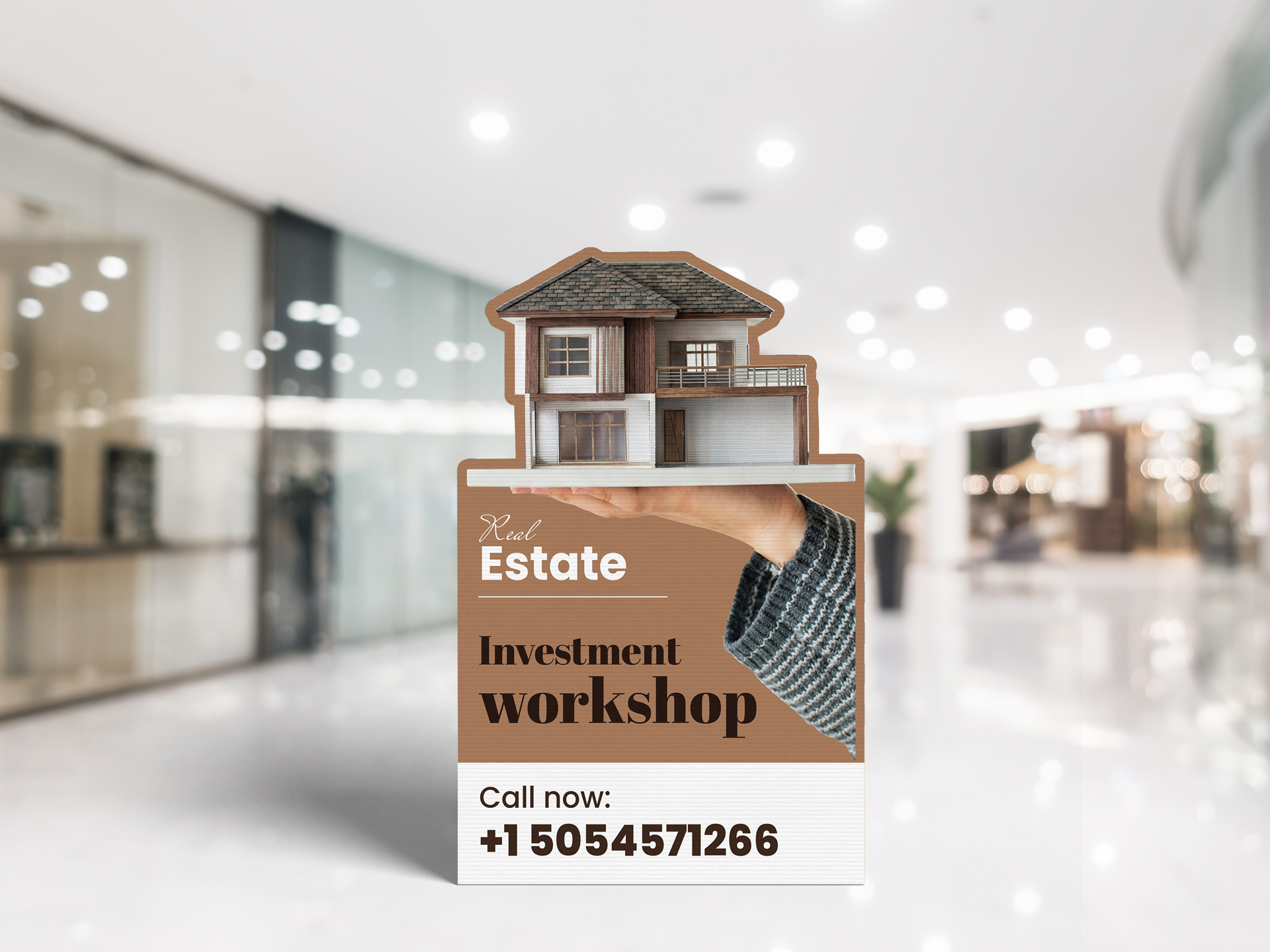 Real estate investment workshop displaying the contact number on a custom-shape product.