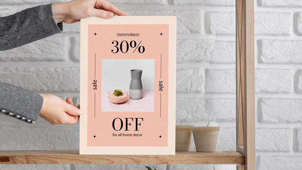 A foam board sign showing a 30% sale on some products.