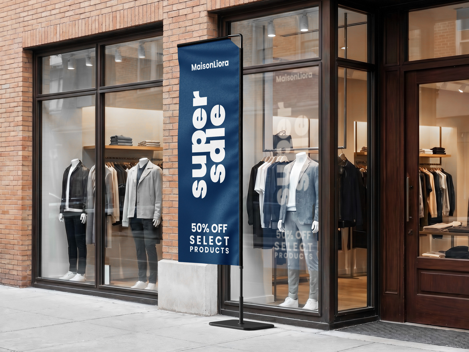 Promotional blue rectangle flag in front of a store reading Super Sale