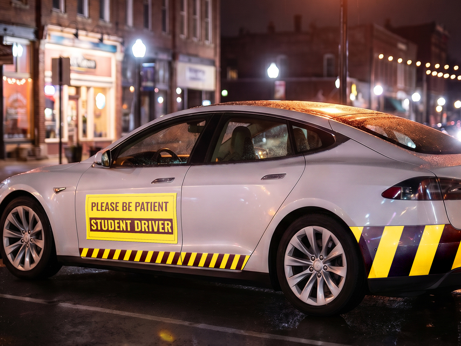 Yellow reflective car decal reading Please Be Patient Student Driver
