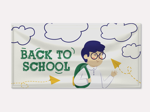 Student character on back to school banner with glasses and paper airplane elements.