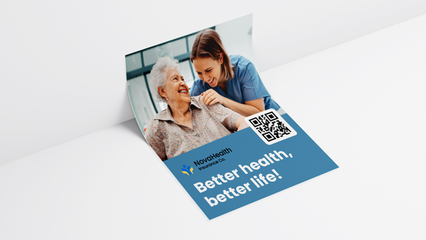 Styrene poster printing with a nurse, elderly woman, and the text Better health, better life!