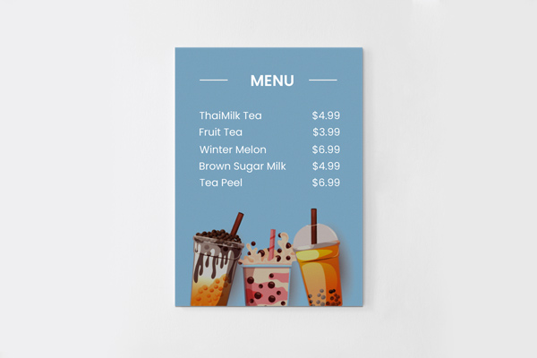 Styrene menu sign with three plastic takeaway cups with dome lids.