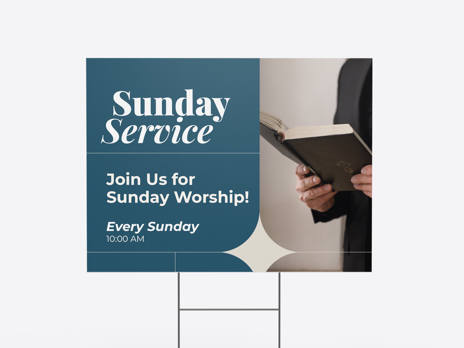 Sunday service church yard sign inviting faithful audience to worship.