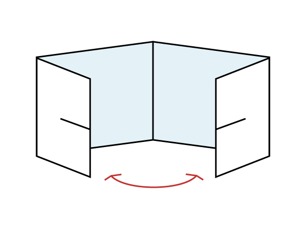 Open cardboard box with flaps extended and curved arrow indicating rotation or assembly.
