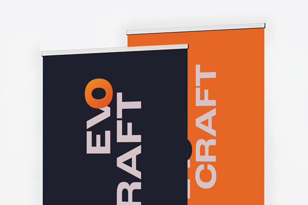 Two tabletop retractable banners for Evo Craft, one black and one orange.