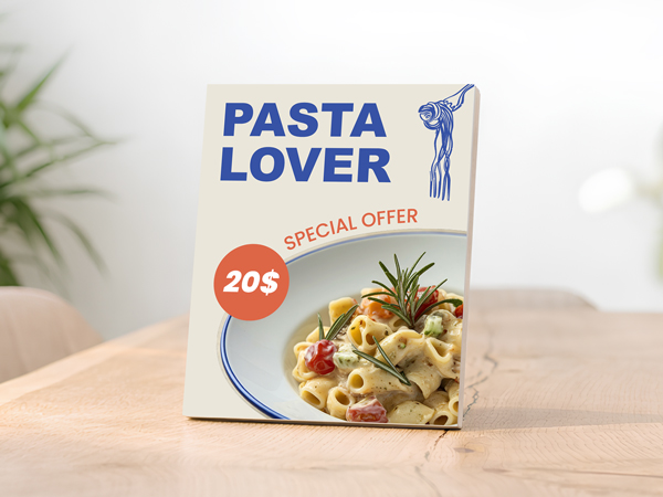 Tabletop wooden menu sign featuring a pasta special offer displayed on a restaurant table.