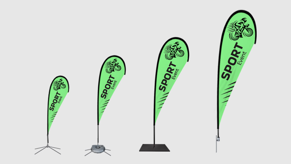Sport event teardrop flags in different sizes and with different construction bases.