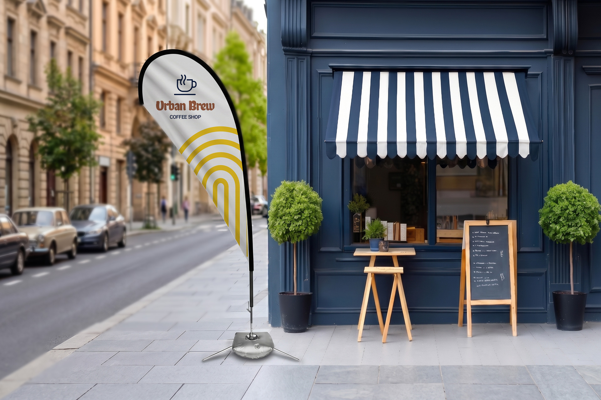 outdoor teardrop banner installed in front of a coffee shop