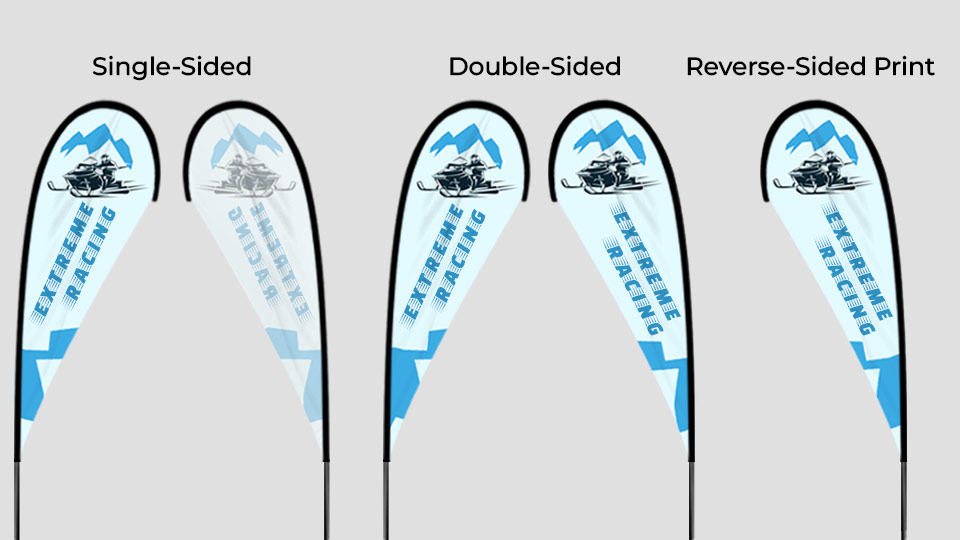 Blue teardrop banners printed in single-sided, double-sided and reverse-sided options.