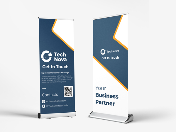 Professional tech company roll-up banners for TechNova featuring contact details and modern geometric design.