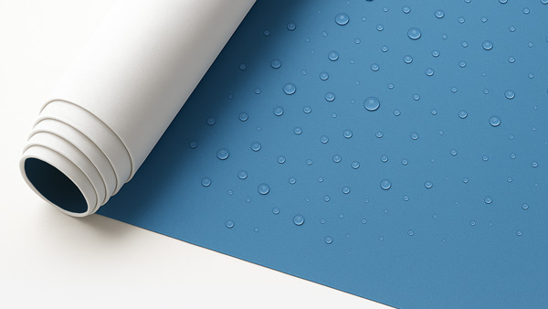 A blue printed tent canopy half wall material with water droplets on it to show that the material is hydrophobic.