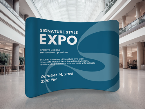 Trade show curved tension fabric display for expo branding with the event dates.