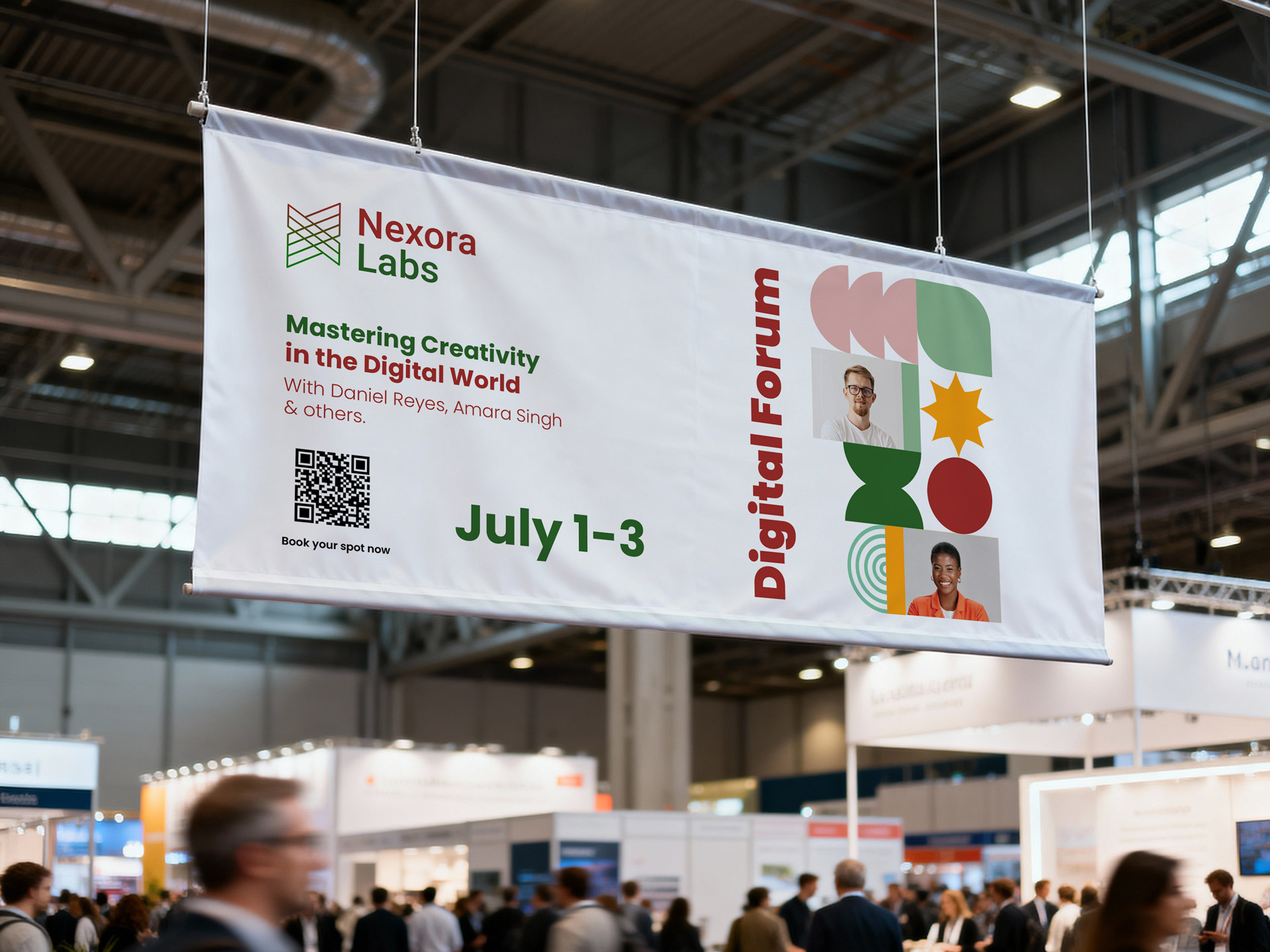 A large hanging banner promoting a trade show event.