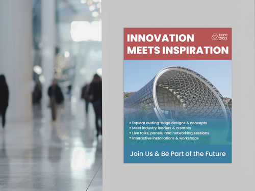 A trade show styrene poster on the wall reading Innovation Meets Inspiration.