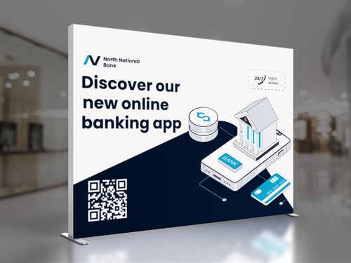 Trade show backlit SEG fabric display advertising a new online banking app.