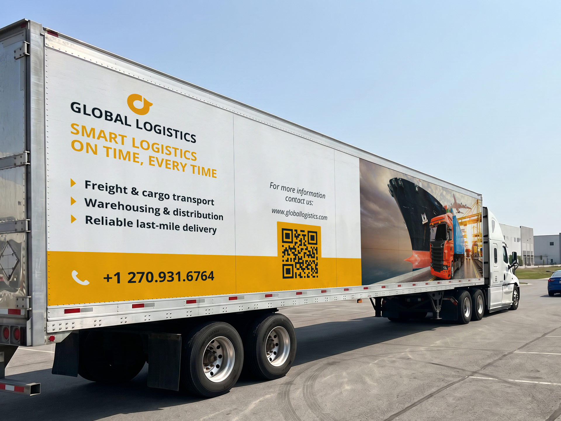 Bold trailer decal for Global Logistics branding, displaying services and a QR code