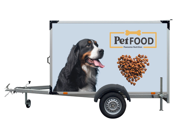 A trailer decal featuring a dog and heart-shaped pet food graphic for branding.