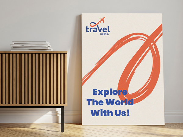 Travel agency branding sign printed on wood with “Explore the World With Us” message displayed indoors.