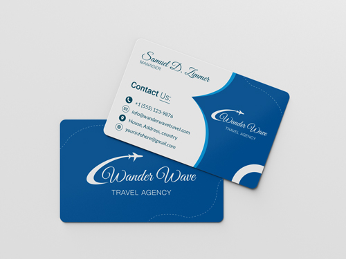 Blue and white plastic business cards with travel agency's name, logo and contact details