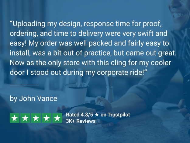 Customer review praising retail signage quality with five-star Trustpilot rating.