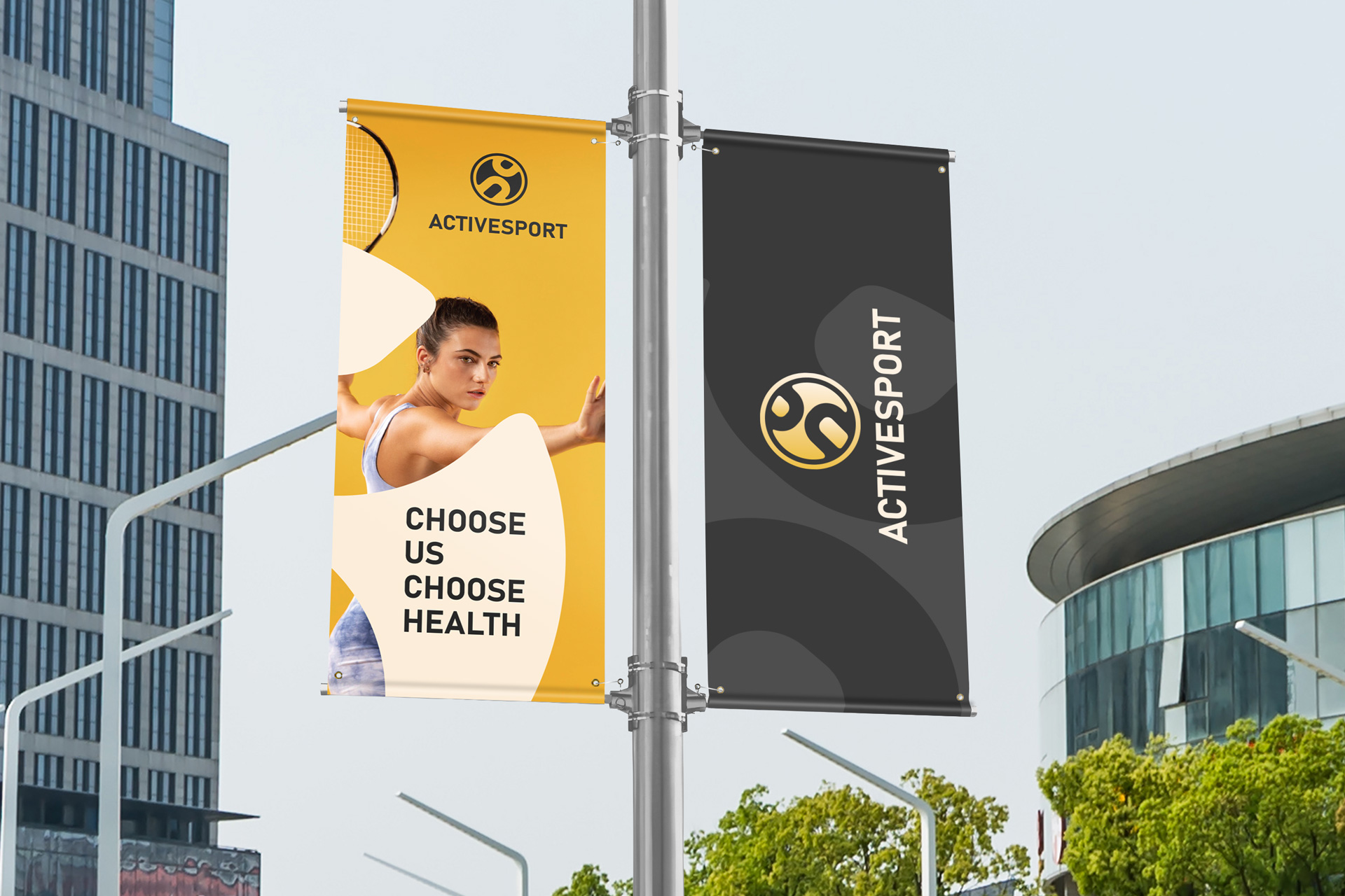 Promotional street pole banner advertising active sport with a slogan.