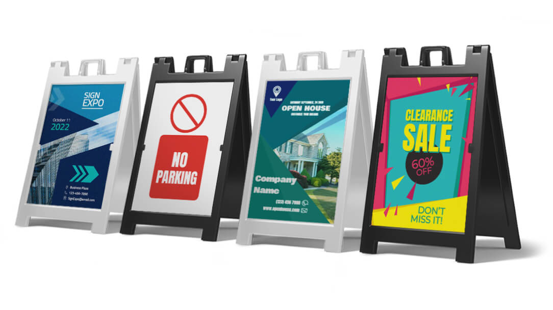 Sandwich board signs with different printed graphics for various uses.