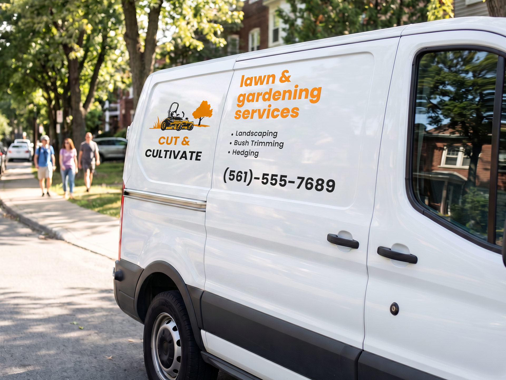 Vehicle lettering listing lawn and gardening services and contact details