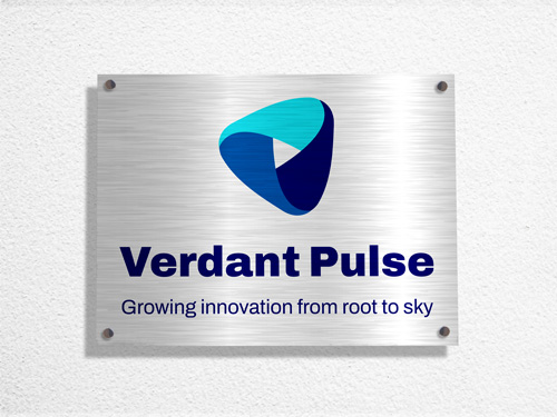 Verdant Pulse brushed aluminum branding sign featuring the logo and reading the company's name.