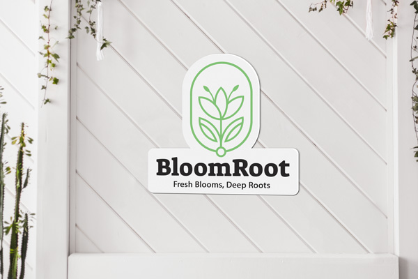 An outline cut PVC board mounted on a wall displaying a flower shop's brand logo, name, and motto.
