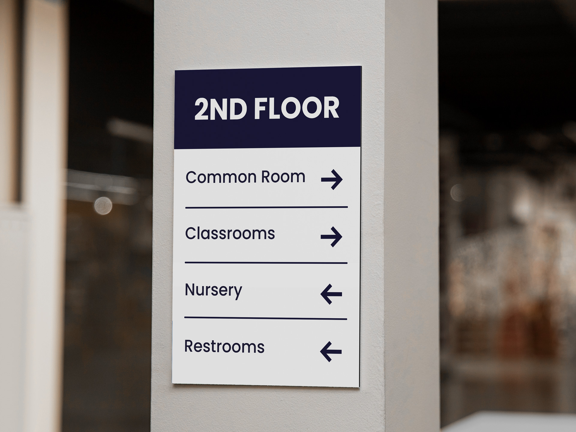 Wayfinding Dibond sign on second floor with arrows pointing to various destinations.