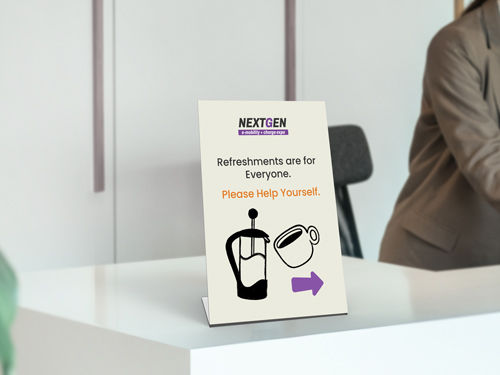 Pedestal sign inviting guests to enjoy refreshments with coffee graphic and right arrow.