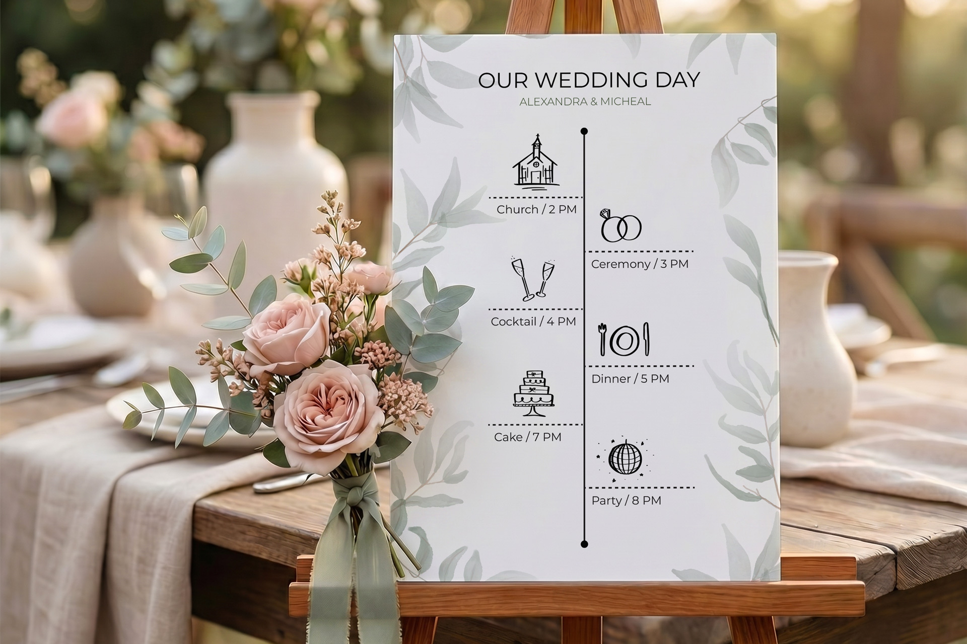 Wedding PVC sign on easel displaying the schedule of the events