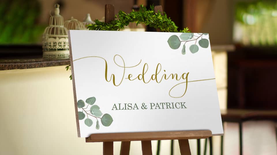 Wedding wooden sign featuring the bride and groom names.