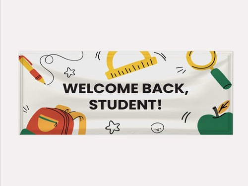 Welcome back to school banner surrounded by colorful school supplies and decorations.