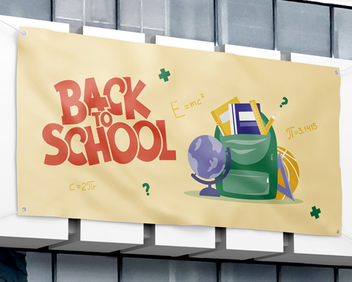 Welcome back to school banner with colorful backpack and school items on yellow.