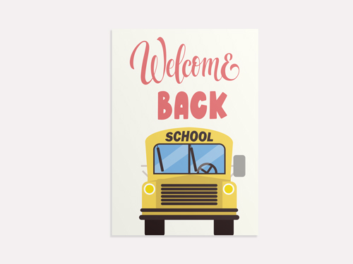 Friendly back to school sign with welcome back text and yellow school bus graphic.