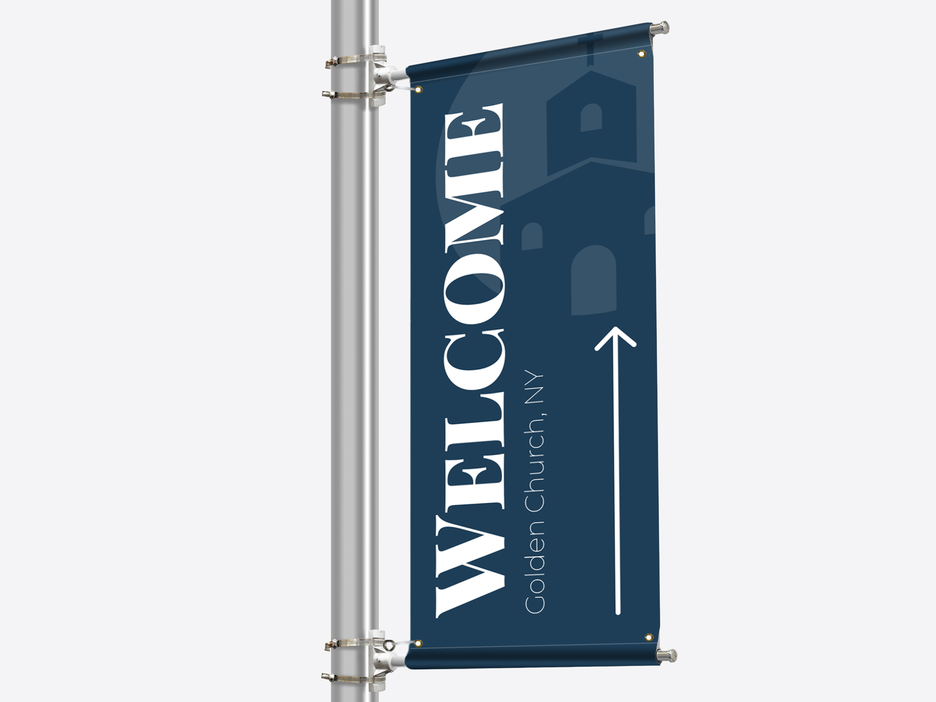 A sleek church pole banner with a Welcome message and directional arrow.