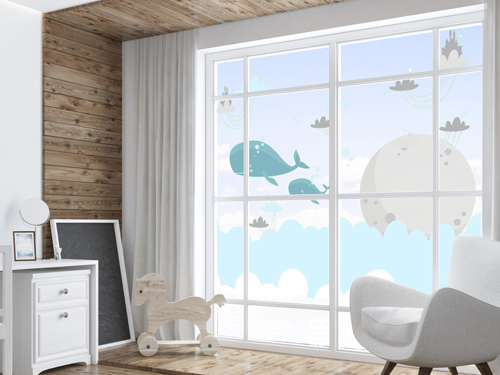 Whimsical window decal with a clear finish featuring imaginative illustrations for kids